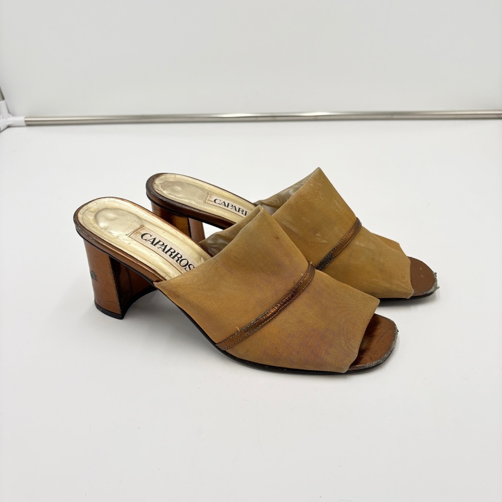 Vintage Gold Mesh Y2K Whimsigoth Block Heel Mule Peep Toe Shoes Women’s Size 8